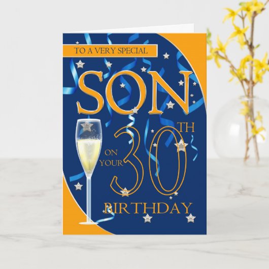 30e verjaardag zoon - Champagne glas Kaart (Gele Bloem)