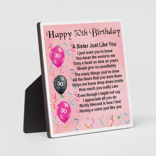 30e verjaardag Zuster Poem Plaque Fotoplaat (Voorkant)