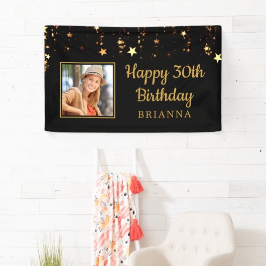 30e verjaardag zwart en goud sterren gepersonalise spandoek (Insitu)