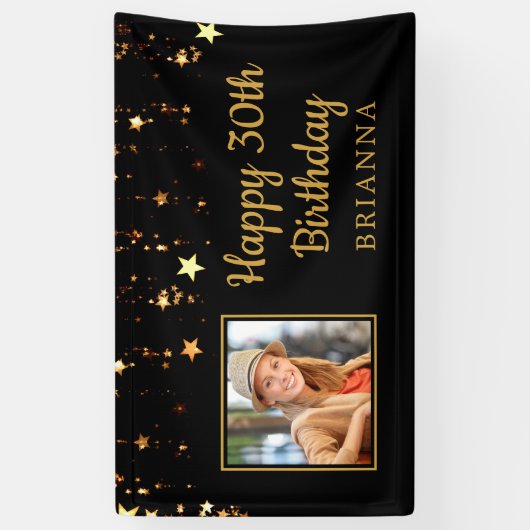 30e verjaardag zwart en goud sterren gepersonalise spandoek (Verticaal)