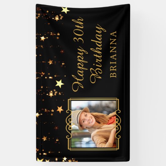 30e verjaardag zwart en goud sterren gepersonalise spandoek (Verticaal)