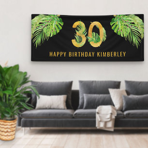 30e Verjaardag Zwart en Goud Tropische Bladeren Fe Spandoek