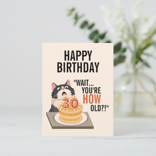 30e verjaardag Zwart en wit kat humor Cute Fun Briefkaart (Staand voorkant)