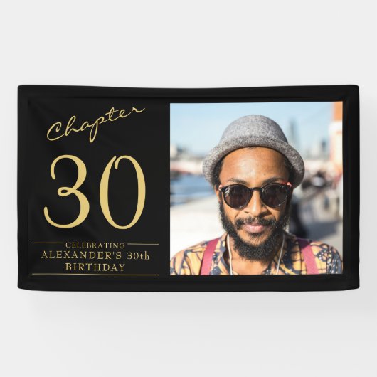 30e verjaardag zwart goud foto spandoek (Horizontaal)