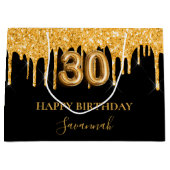 30e verjaardag zwart goud glitter druipt naam groot cadeauzakje (Voorkant)