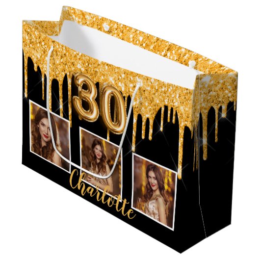 30e verjaardag zwart goud glitter druppelt foto groot cadeauzakje (Voorkant Gekanteld)