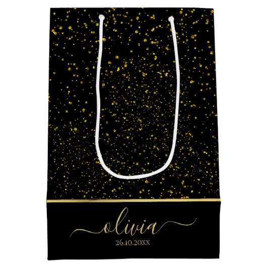 30e verjaardag zwart-goud glitter Gift Bag Medium Cadeauzakje (Achterkant)