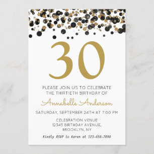 30e Verjaardag Zwart Goud Glitter Sparkle Confetti Kaart