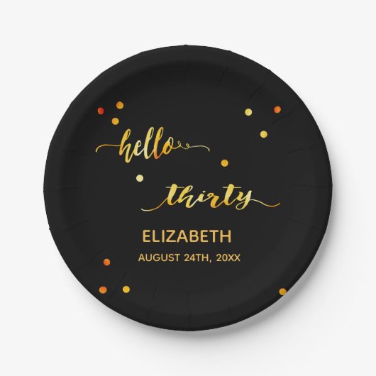 30e verjaardag zwart goud hallo 30 scriptnaam papieren bordje (Voorkant)