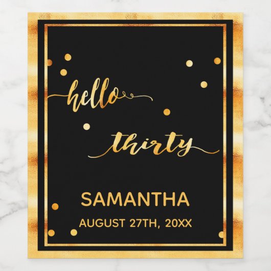 30e verjaardag zwart goud hallo 30 scriptnaam wijn etiket (Enkel label)