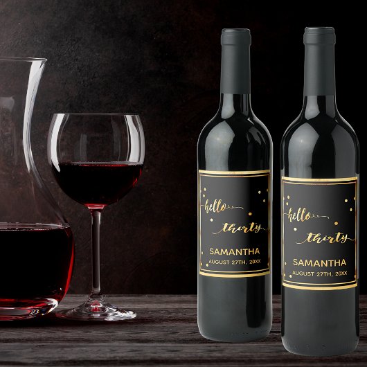 30e verjaardag zwart goud hallo 30 scriptnaam wijn etiket