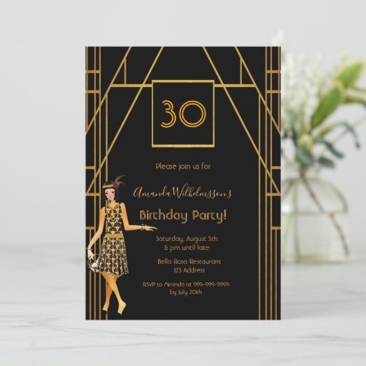 30e verjaardag zwart goud in de kunstdeco van 1920 kaart (Staand voorkant)