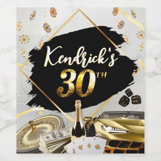 30e verjaardag zwart-goudcasino, luxe auto wijn etiket (Enkel label)