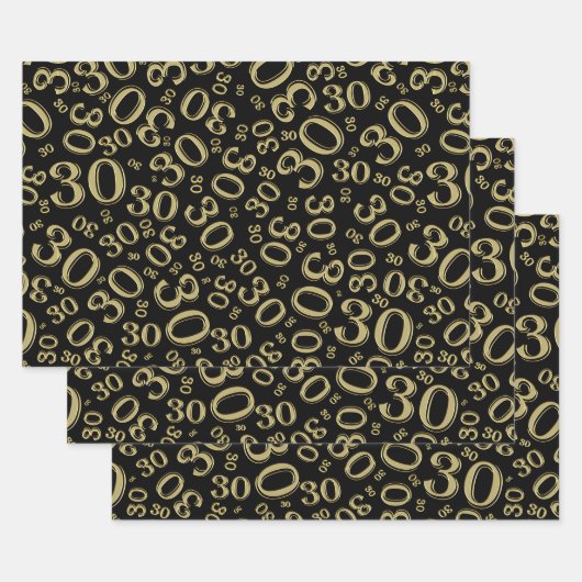 30e verjaardag zwart & gouden Random Number Patter Inpakpapier Vel (Set)