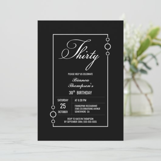 30e verjaardag zwart met White Lijst Party Kaart (Staand voorkant)