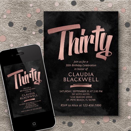 30e verjaardag Zwart Roos Goud Kaart