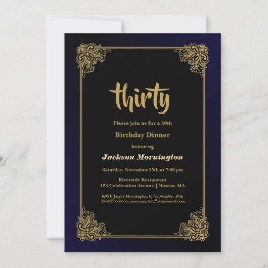 30e verjaardag zwart-wit en gouden diner kaart (Voorkant)
