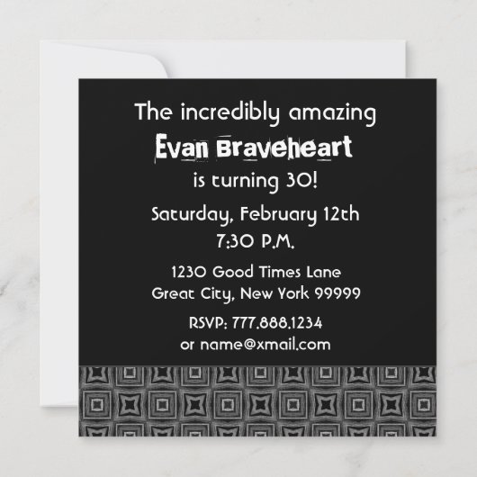30e verjaardag zwart-wit patroon voor hem kaart (Achterkant)