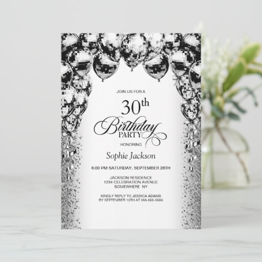 30e verjaardag zwart-witte ballonnen kaart (Staand voorkant)