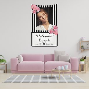 30e verjaardag zwart witte strepen bloemen foto spandoek