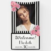 30e verjaardag zwart witte strepen bloemen foto spandoek (Verticaal)