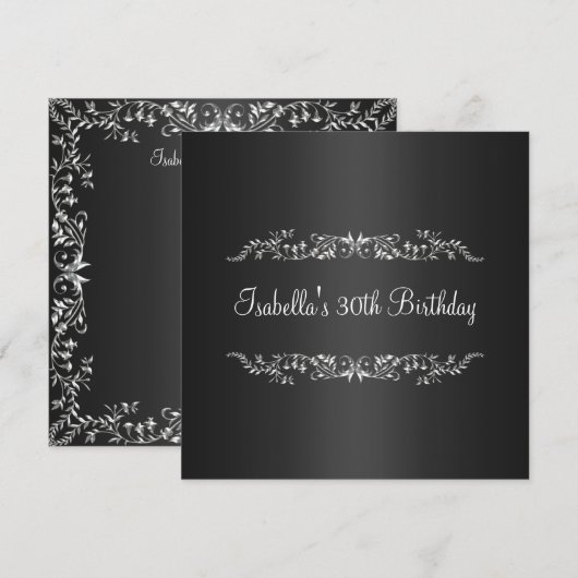 30e Verjaardag Zwart & Zilver Bloemen Metaal Kaart (Voorkant / Achterkant)