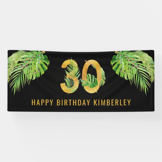 30e verjaardag Zwarte en Gold Tropische Leaves Par Spandoek (Horizontaal)