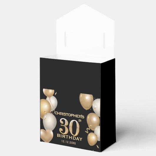 30e verjaardag Zwarte en gouden ballonnen Bedankdoosjes (Geopend)