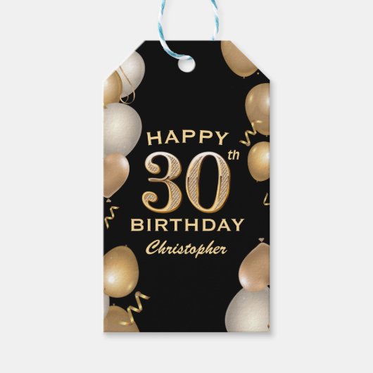 30e verjaardag Zwarte en gouden ballonnen Cadeaulabel (Voorkant)
