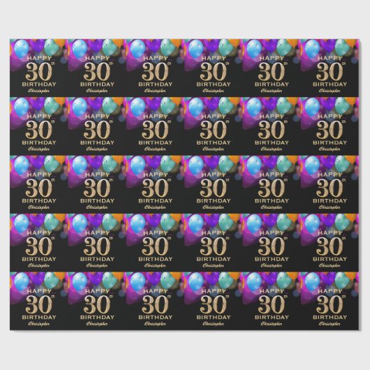 30e verjaardag Zwarte en gouden ballonnen Cadeaupapier (Vlak)