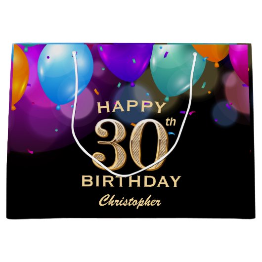 30e verjaardag Zwarte en gouden ballonnen Groot Cadeauzakje (Voorkant)