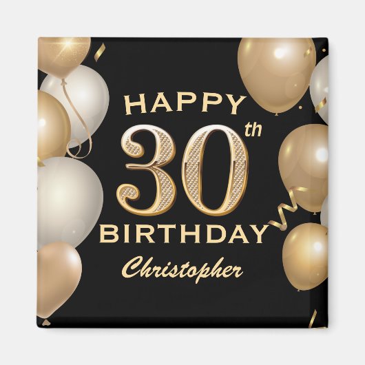 30e verjaardag Zwarte en gouden ballonnen Magneet (Voorkant)