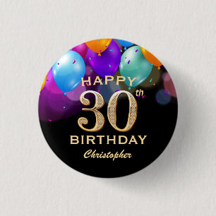 30e verjaardag Zwarte en gouden ballonnen Ronde Button 3,2 Cm
