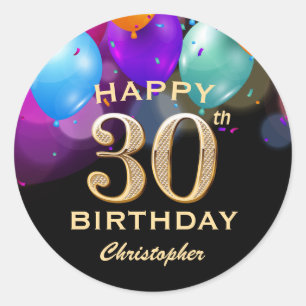 30e verjaardag Zwarte en gouden ballonnen Ronde Sticker