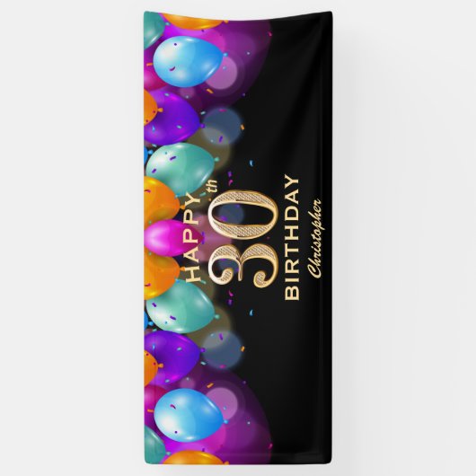 30e verjaardag Zwarte en gouden ballonnen Spandoek (Verticaal)