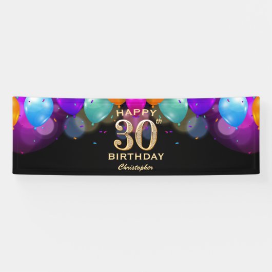 30e verjaardag Zwarte en gouden ballonnen Spandoek (Horizontaal)