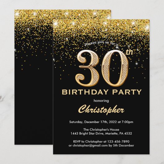 30e verjaardag zwarte en goudglitter-Confetti Kaart (Voorkant / Achterkant)