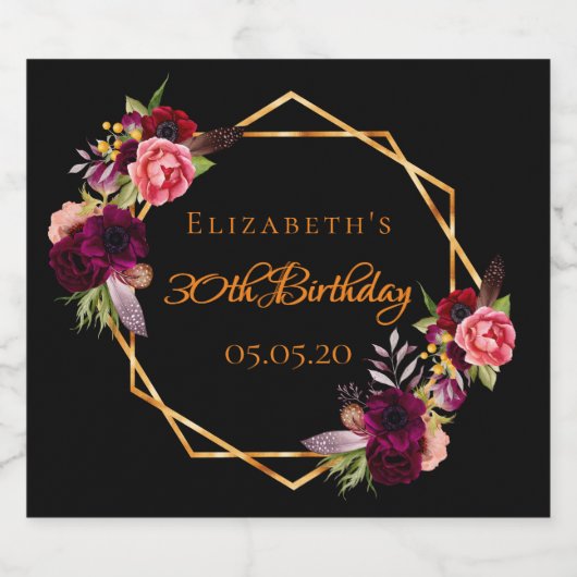 30e verjaardag zwarte floraal goud geometrische bu sparkling wijnetiket (Enkel label)