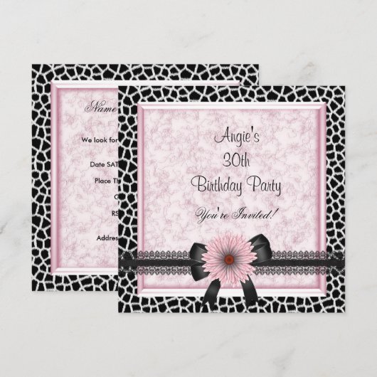 30e verjaardag Zwarte Giraffe Roze Floral Bow Kaart (Voorkant / Achterkant)