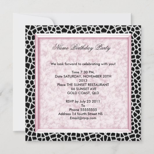 30e verjaardag Zwarte Giraffe Roze Floral Bow Kaart (Achterkant)