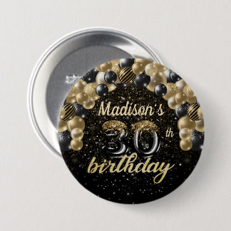 30e verjaardag zwarte gouden ballon Glitter Ronde Button 7,6 Cm