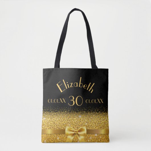 30e verjaardag zwarte gouden boog naam tote bag (Voorkant)