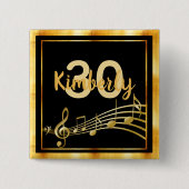 30e verjaardag zwarte gouden muzieknoten naam vierkante button 5,1 cm (Voorkant)