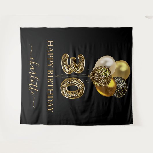 30e verjaardag zwarte goudluipaard naamscript wandkleed (Voorkant (horizontaal))