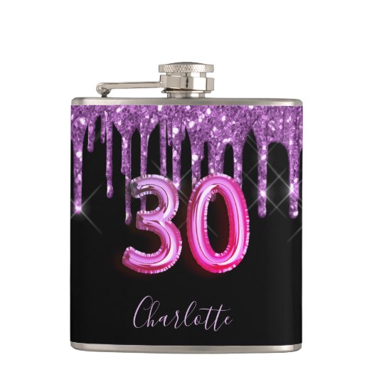 30e verjaardag zwarte paarse glitter scriptvriende heupfles (Voorkant)