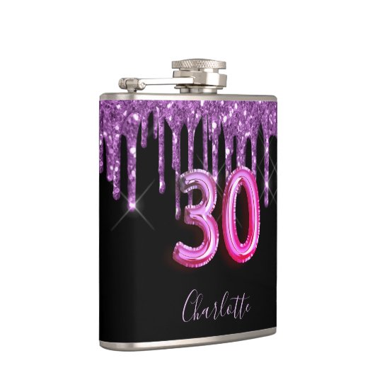 30e verjaardag zwarte paarse glitter scriptvriende heupfles (Rechts)
