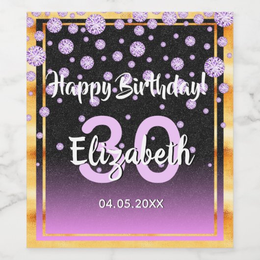 30e verjaardag zwarte paarse glitterdiamanten wijn etiket (Enkel label)