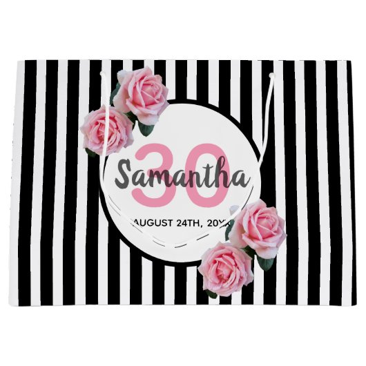 30e verjaardag zwarte strepen roze bloemen groot cadeauzakje (Voorkant)