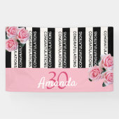 30e verjaardag zwarte strepen roze floral naam spandoek (Horizontaal)