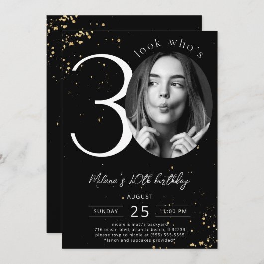 30e verjaardag zwarte uitnodiging met foto (Voorkant / Achterkant)